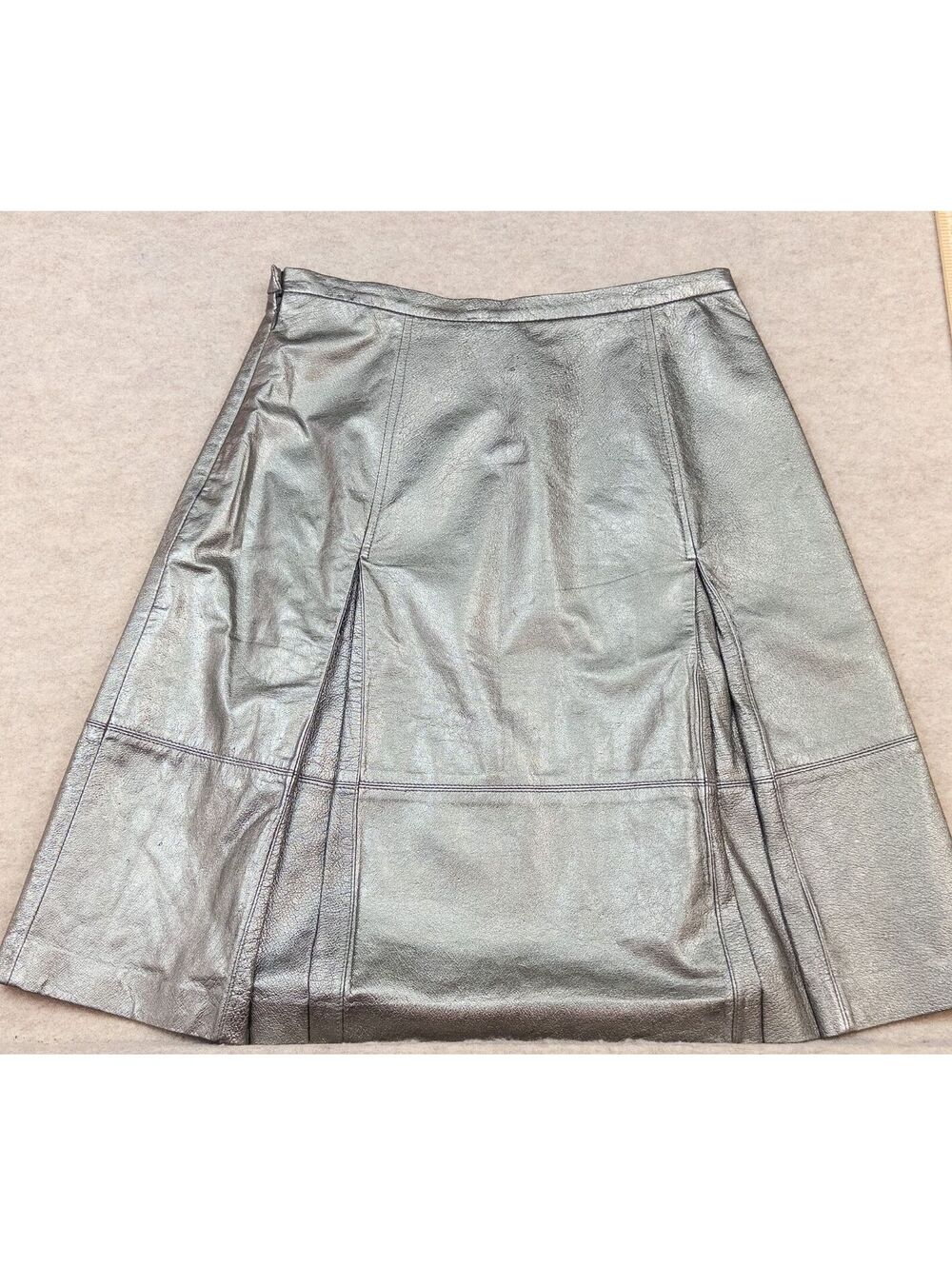 Vintage Spiegel Metallic Silver Leather Midi Skirt 100% Real Leather Pleated 10